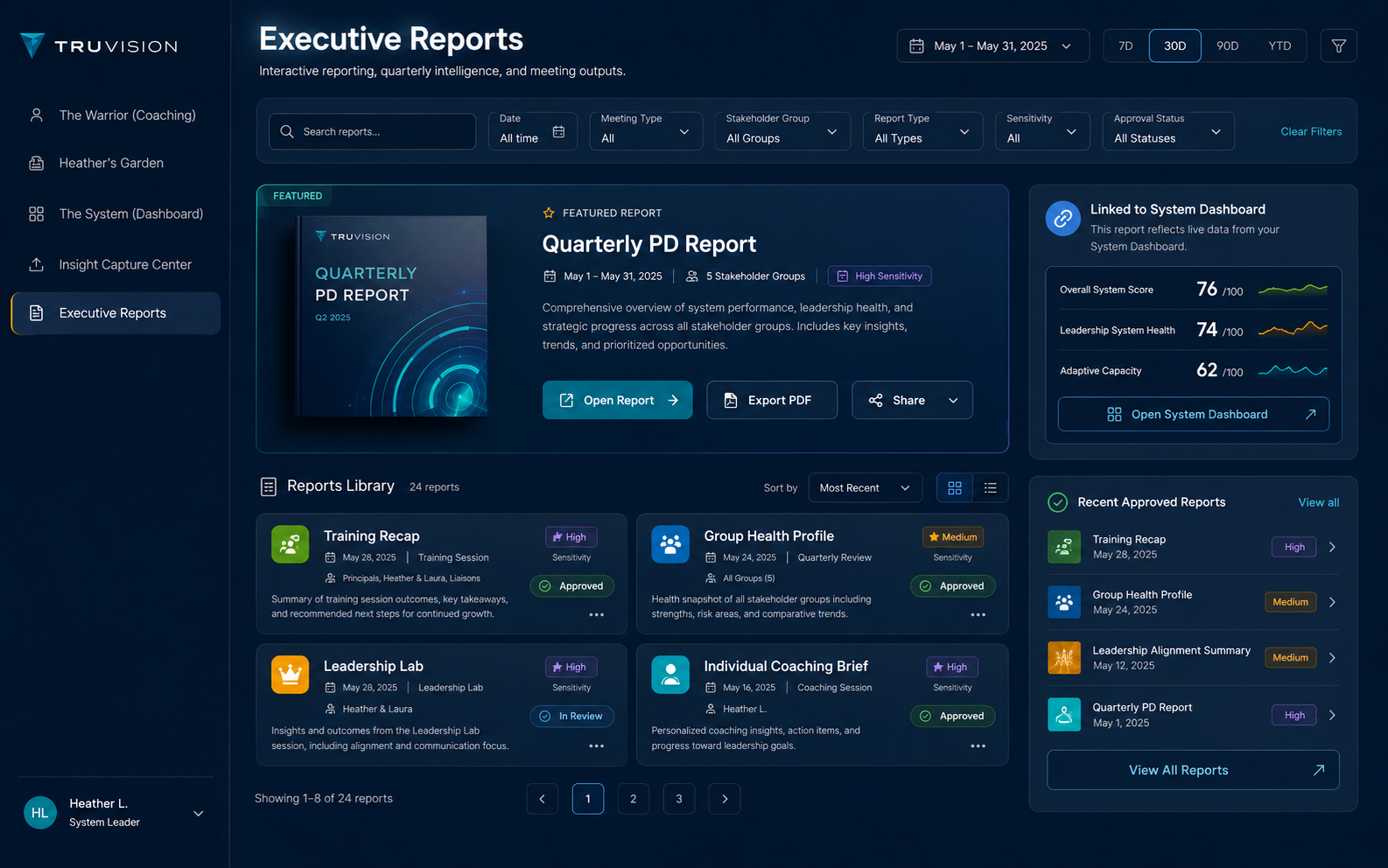 TruVision reports view showing the report library, a quarterly readout with metrics, evidence, signals and recommended next moves.